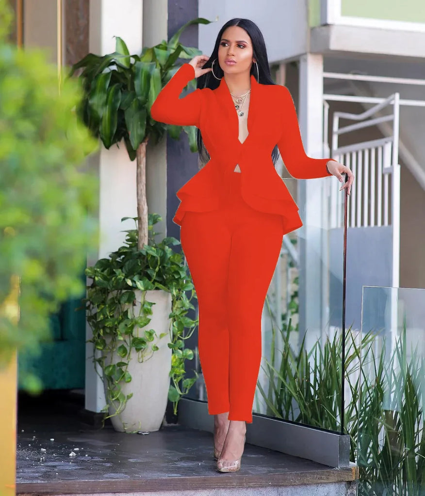 Women Fashion Women's Set Tracksuit Full Sleeve Ruffles Blazers Pants Suit Two Piece Set Office Lady Business Wear Uniform