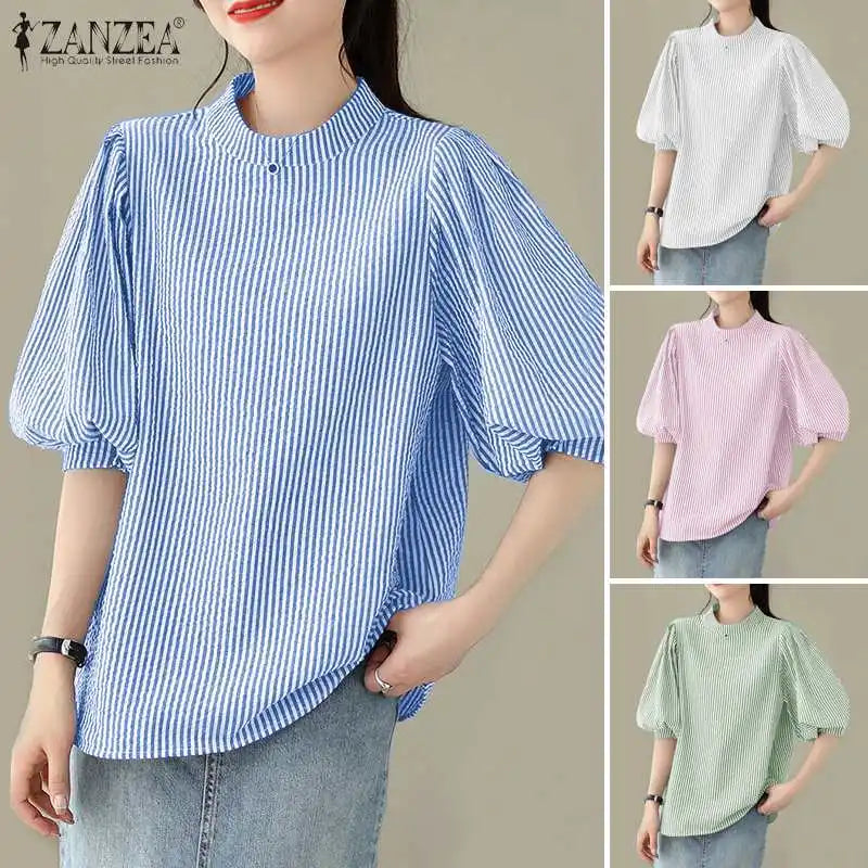 ZANZEA Women Summer Elegant Striped Shirt Fashion 3/4 Lantern Sleeve Blouse Office Work Tops Casual Female Loose Party Blusas