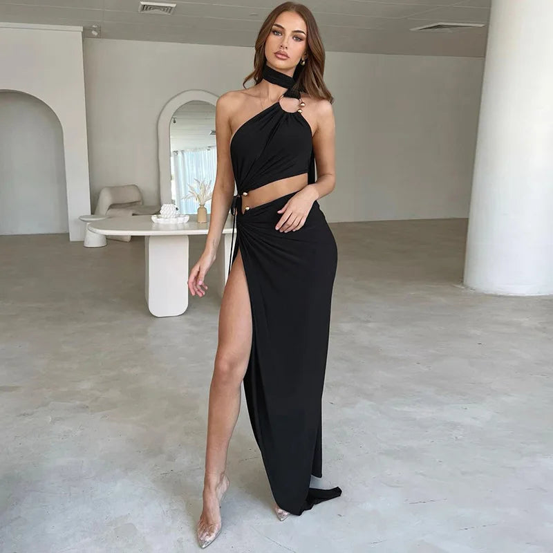 Cryptographic Fashion Sexy Cut Out Backless Maxi Dress Club Party Elegant Outfits Sleeveless Halter Asymmetrical Slit Dresses