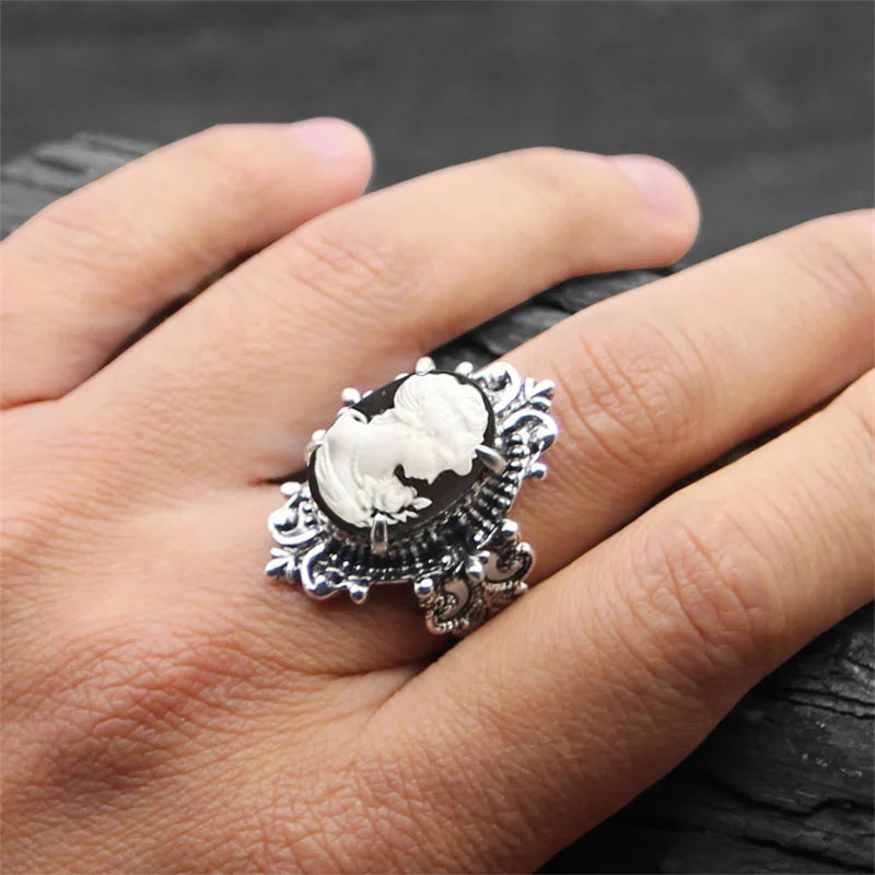 Vintage Leaf Lady Queen Cameo Rings For Women Antique Silver Plated Flower Cross Pink Cameo Ring Fashion Jewelry