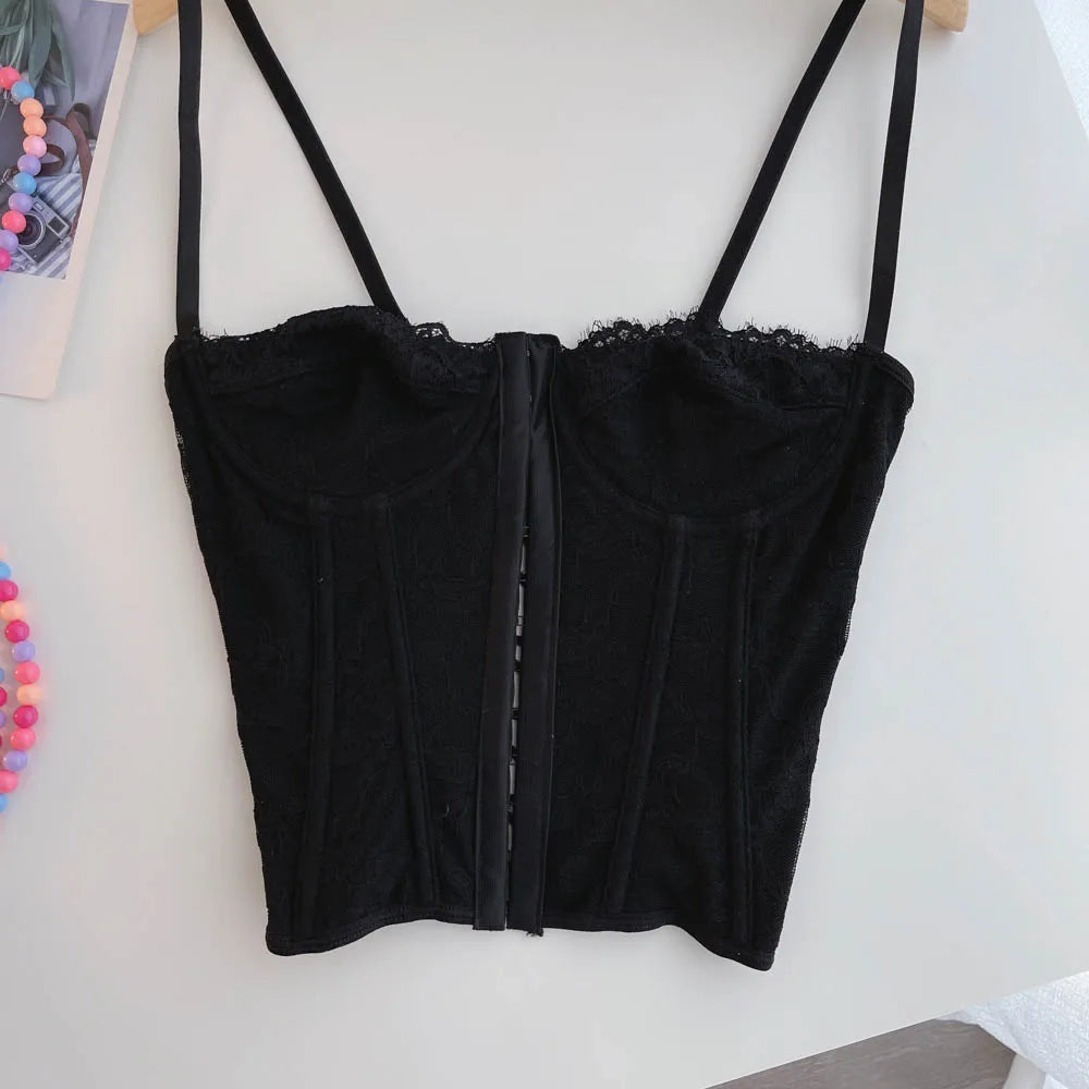 Sexy Embroidery Lace Women Camis Tops Women Corset Bralette Cami Front Buttons Crop Cute Vest Elegant French Chic Party Clubwear