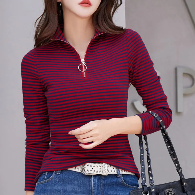 Spring and Autumn Women's Pullover Half High Neck Zipper Solid Stripe Contrast Long Sleeve T-shirt Underlay Elegant Casual Tops