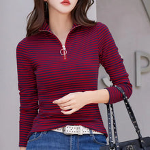 Load image into Gallery viewer, Spring and Autumn Women&#39;s Pullover Half High Neck Zipper Solid Stripe Contrast Long Sleeve T-shirt Underlay Elegant Casual Tops