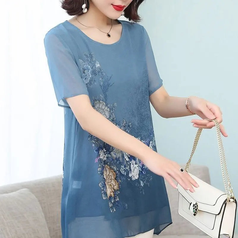 Summer Floral Printed Chiffon Shirt Short Sleeve Female Clothing Loose Stylish Asymmetrical Commute O-Neck Spliced Midi Blouse