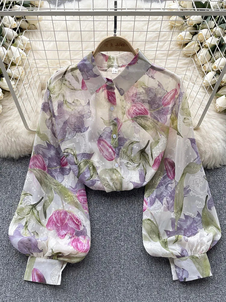 Spring Autumn Temperament Fashion Retro Chiffon Floral Blouses Print Loose Lapel Puff Sleeve Top Button Up Shirt Female GD611