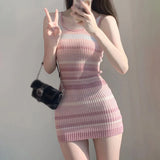 Summer Sweet Women  Rainbow Stripe Dress  Knitted Slim Fit Short Wrapped Hip Dress