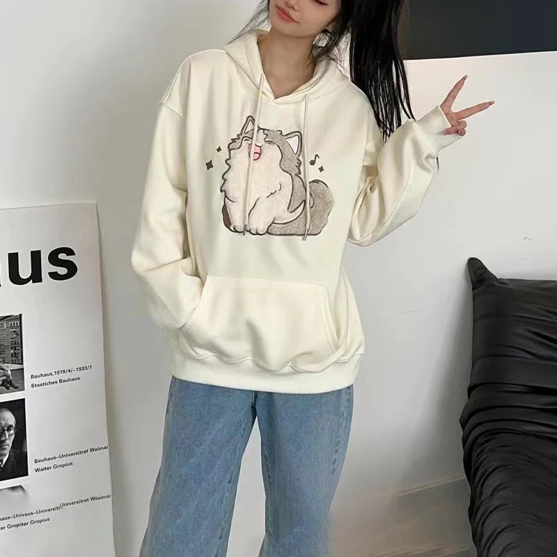 2023 Korean Autumn Winter Cute Cartoon Street Embroidery Design Cat Print Pullover Hoodies Women Men Trend Loose Couples Clothes