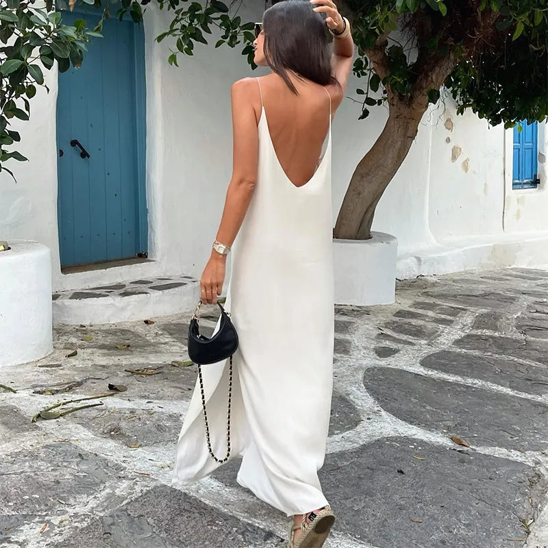 Women Sexy V Neck Backless Split Long Dress Chic Sleeveless Solid Loose Maxi Dresses Summer Fashion Lady Vacation Beach Wear