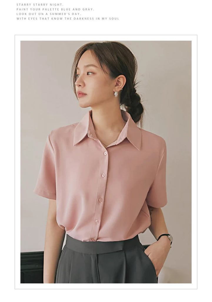 New Women'S Summer Lapel Short Sleeved Slimming Casual Versatile Shirt Female Comfortable Thin Fashionable Professional Top