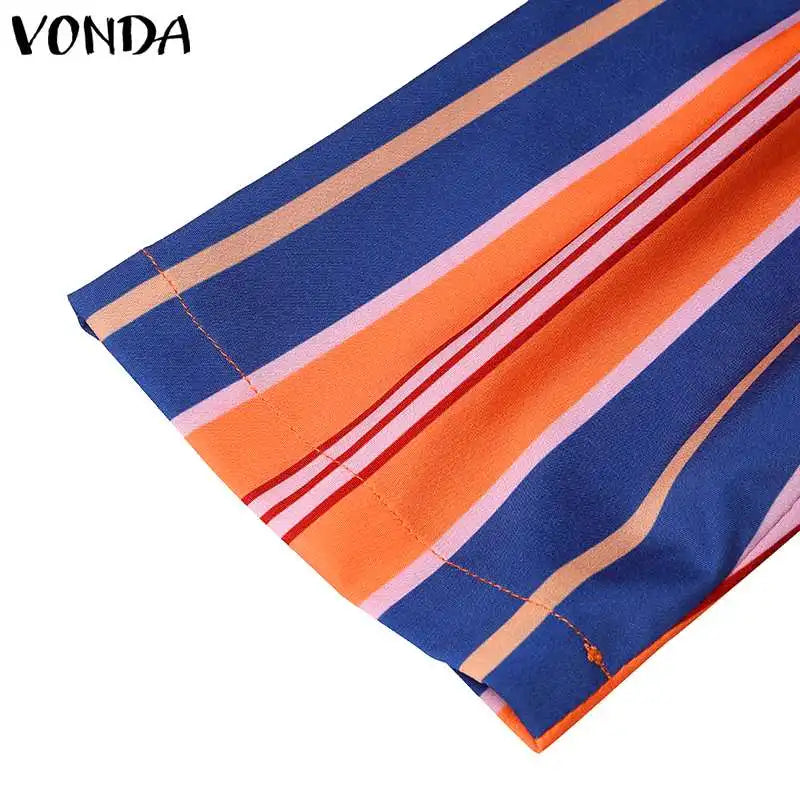 VONDA Bohemian Vintage Women Striped Pants Sets 2024 Summer Half Sleeve Casual Loose Tops and Pants Matching Sets Oversize 2PCS