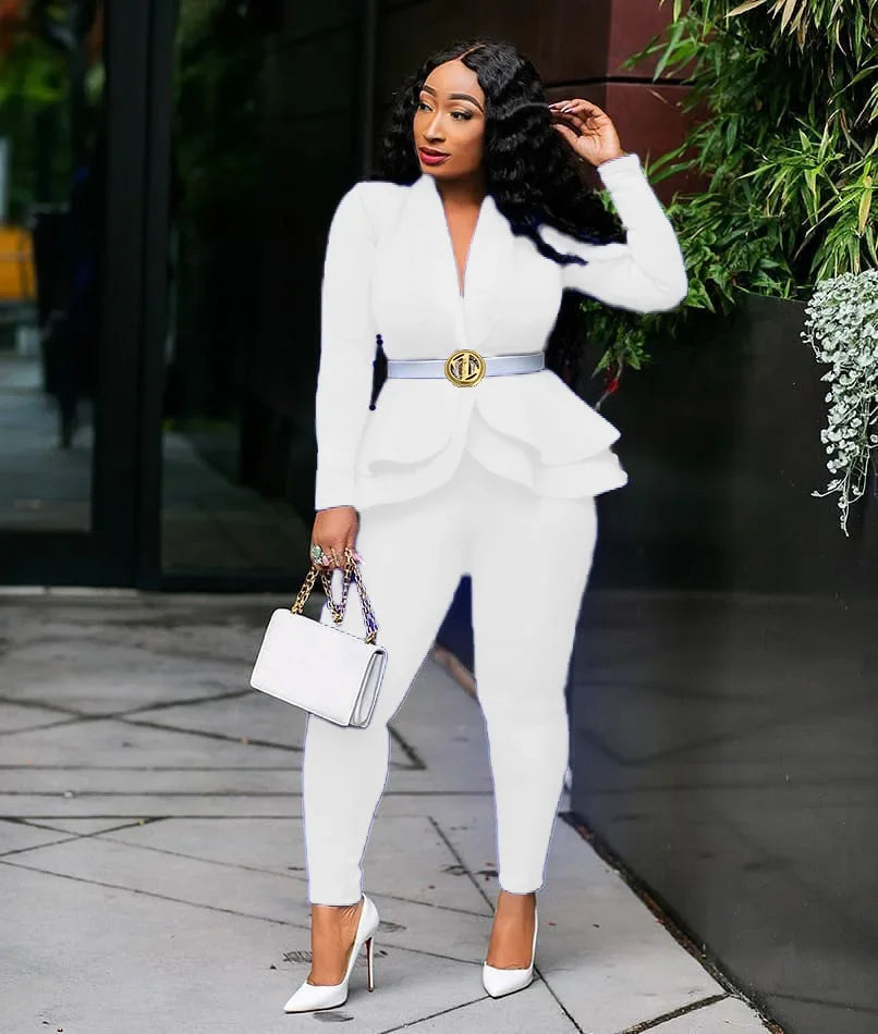 Women Fashion Women's Set Tracksuit Full Sleeve Ruffles Blazers Pants Suit Two Piece Set Office Lady Business Wear Uniform