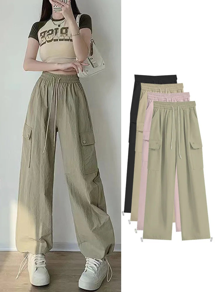 Women Solid Color Fashion Temperament Straight  Cargo Pants Casual Big pocket Wide leg Long Pants Sports outside trousers