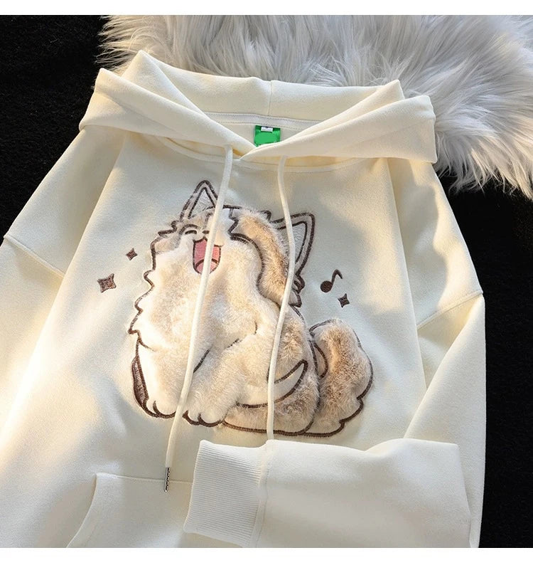 2023 Korean Autumn Winter Cute Cartoon Street Embroidery Design Cat Print Pullover Hoodies Women Men Trend Loose Couples Clothes