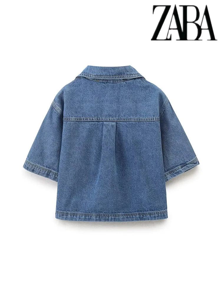 TRAF Women's Pocket Decoration Loose Denim Suit Casual Lapel Short Shirt Asymmetric Skirt Commuter Versatile Two Piece Set