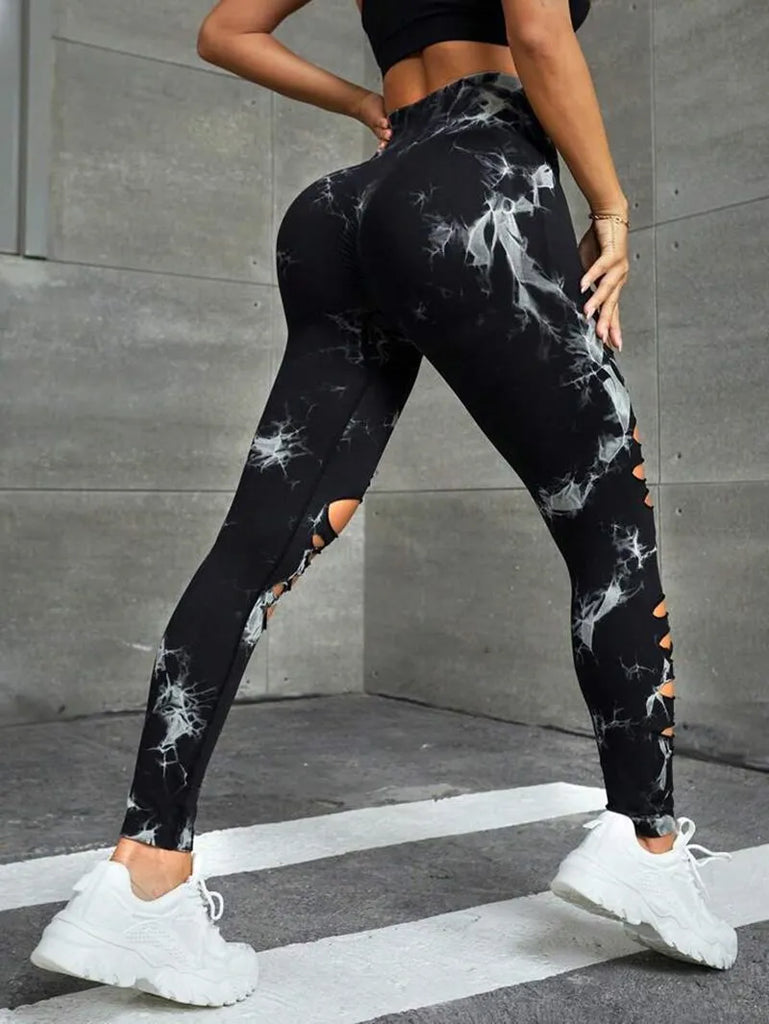 New Sexy Hollow Out Tie Dye Leggings Women Seamless Leggings High Waist Hip Liftting Stretchy Sports Fitness Running Yoga Tights