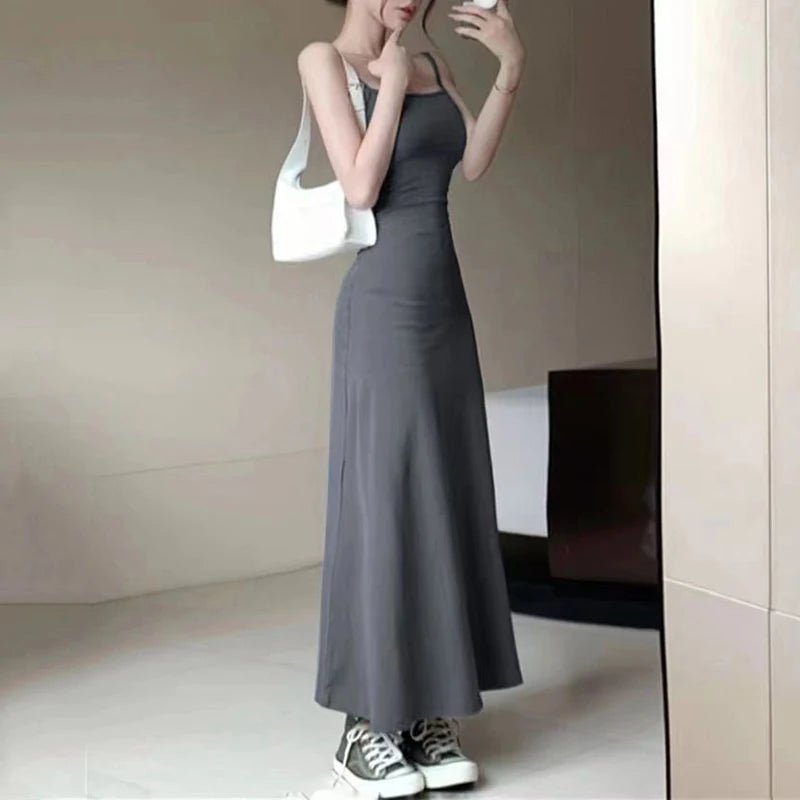 Spaghetti Strap Dresses Women Retro Sexy Slim Simple Daily Streetwear Ulzzang Midi Trendy Pure Vestidos Summer Ladies Sleeveless