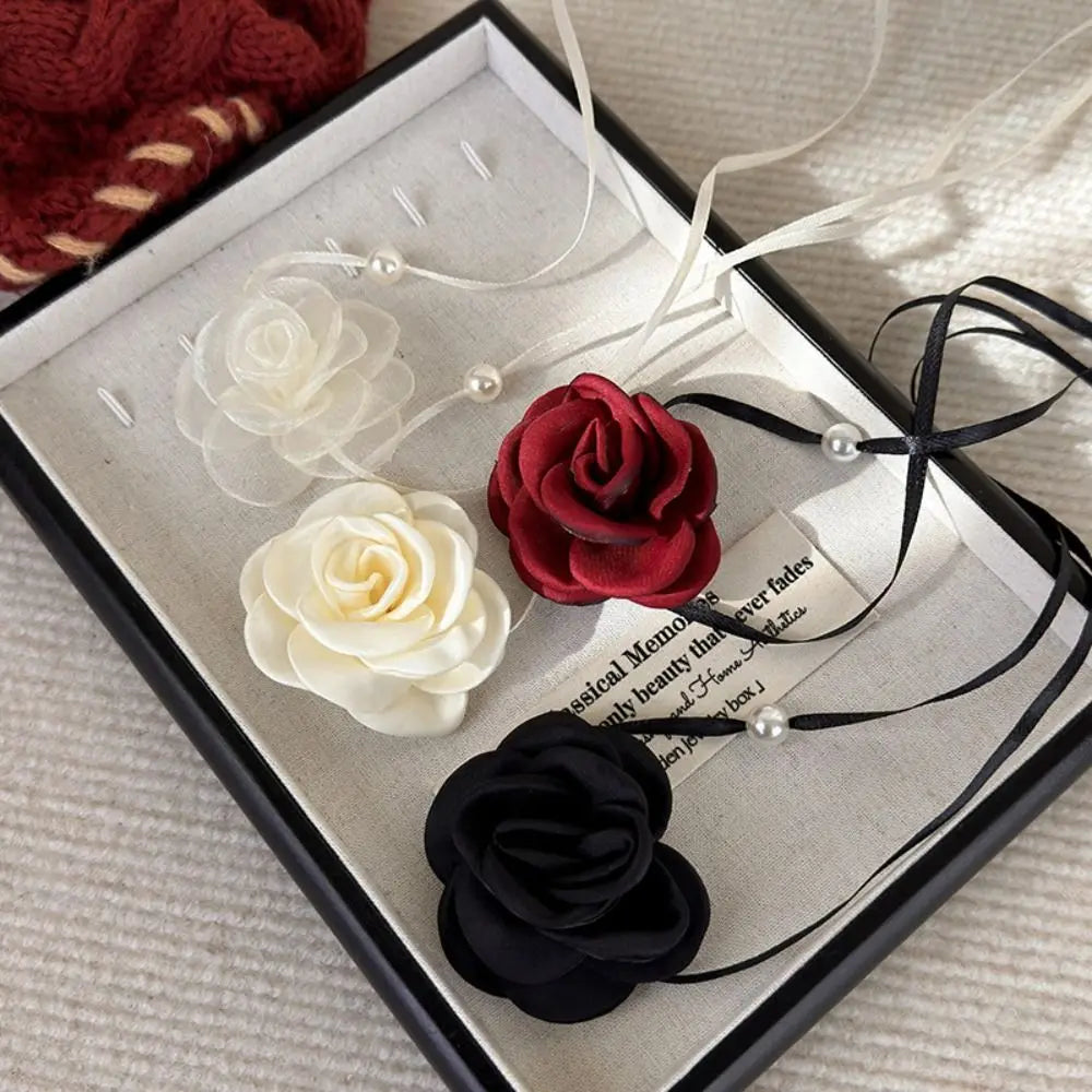 3D Rose Flower Women Choker Necklace Retro Black White Elegant Lace Up Rose Necklace Strappy Collar Necklace Party Supplies