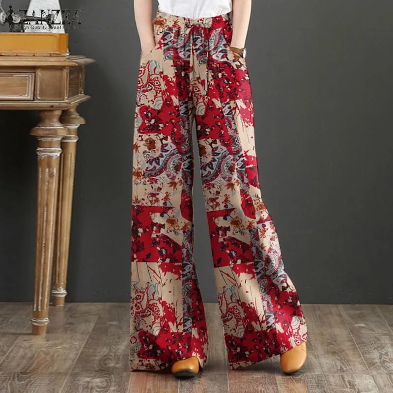 Bohemian Vintage Long Pants ZANZEA Women Wide Leg Trousers Summer High Waist Printed Pantalon Female Elegant Work Palazzo Capris