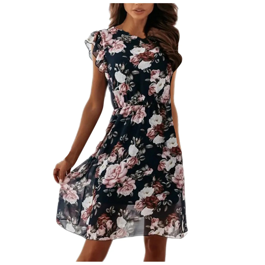 Woman Summer Floral Print Dress Chiffon Ruffled Short-sleeved Dress For Juniors Women's Casual Sleeveless Plus-size Dresses