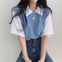 Load image into Gallery viewer, Summer Academy Style Color Blocking Polo Collar Top Fake Two-piece Short Sleeve T-shirt Women Lazy Loose Casual Versatile Blouse