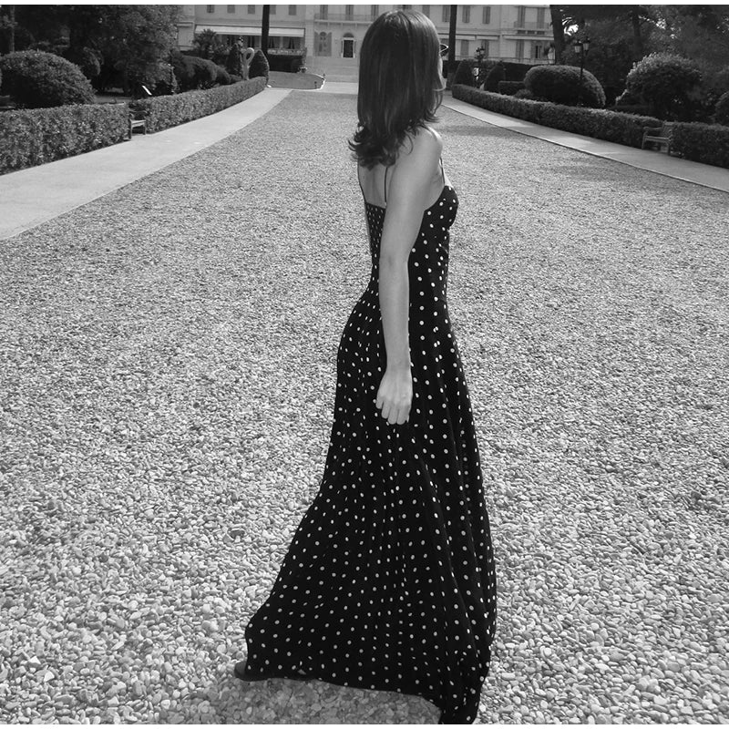 Sexy Black Spotted Backless A-line Sling Long Dresses Elegant Sleeveless High Waist Slim Dress Summer Lady Vacation Party Robes