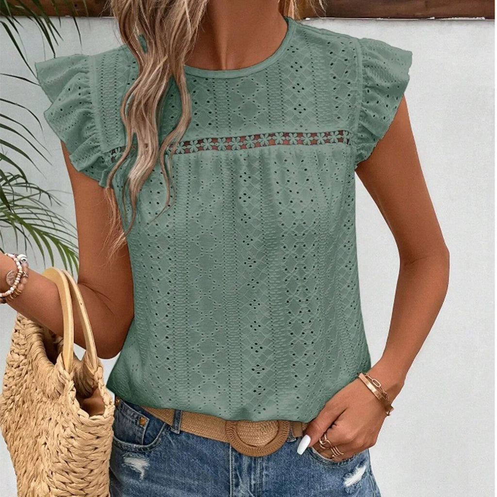 New T Shirts Womens Elegant Fashion Pullover New Lace Hollow Flower Short Sleeve Blouses Round Neck Casual Tops женская одежда