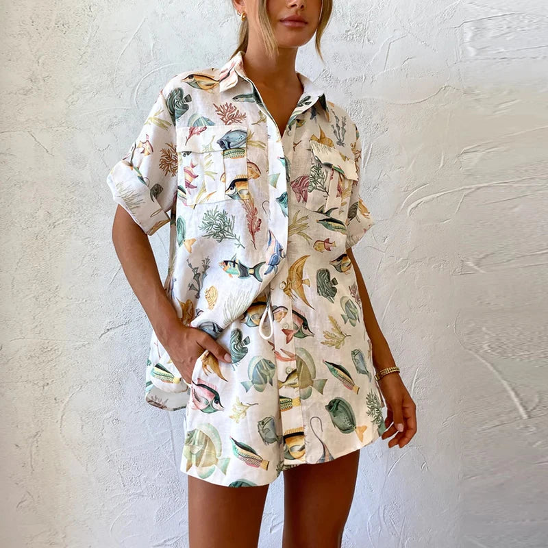 New Summer Casual Short Sleeve Print Button Turndown Collar Shirt Blouses High Waist Shorts Suit Women Elegant 2 Piece Set 2024