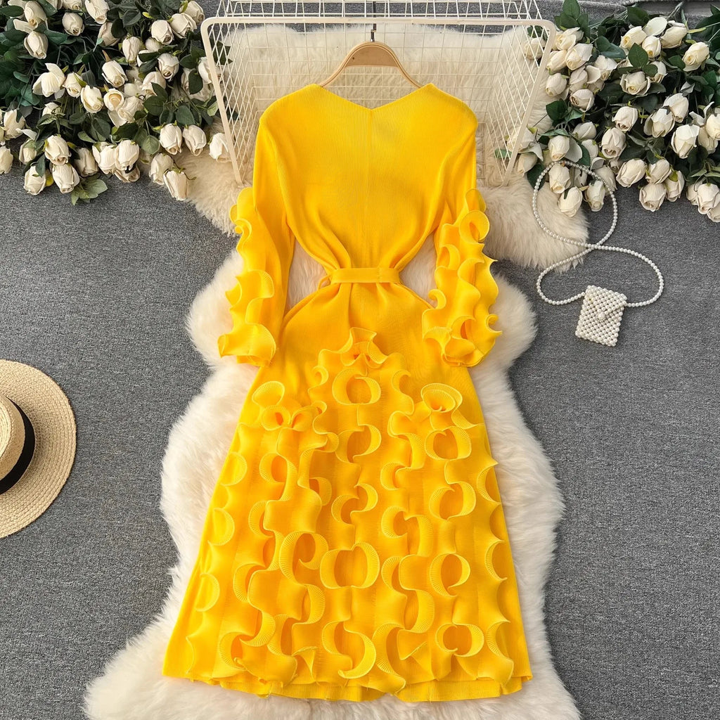 Summer Holiday 3D Ruffled Edge Draped Pleated Dress Women's V Neck Solid Color Oversized High Sretch Lace Up Party Vestidos