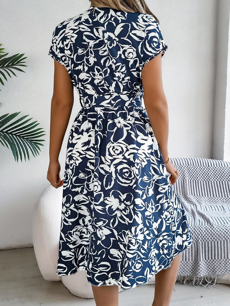 Spring Summer Casual Dresses for Women Button V-Neck Flower Printed Short Sleeve A-line Dress