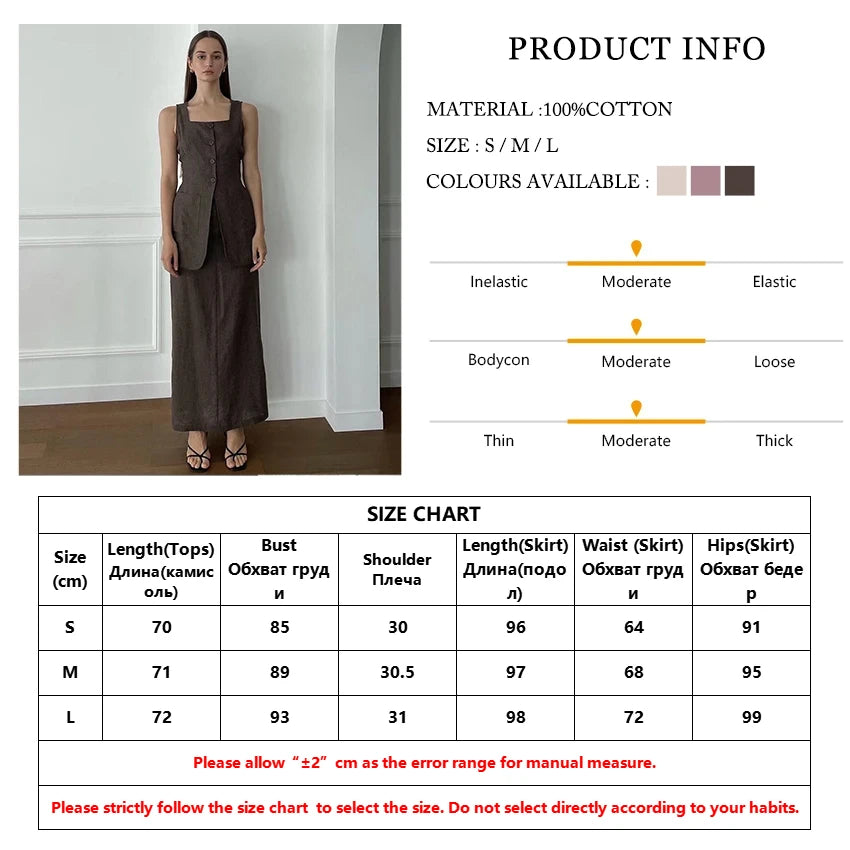 Clacive Summer Slim Brown Cotton 2 Piece Sets Women Outfit 2024 Elegant Sleeveless Tank Top With High Waist Long Skirts Set