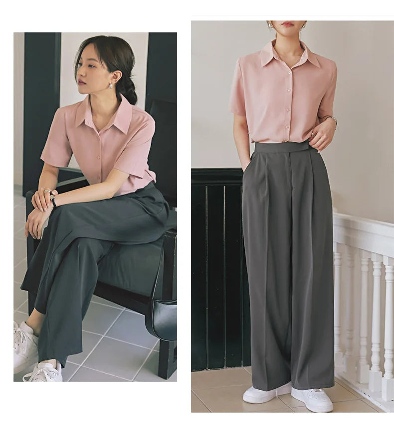 New Women'S Summer Lapel Short Sleeved Slimming Casual Versatile Shirt Female Comfortable Thin Fashionable Professional Top