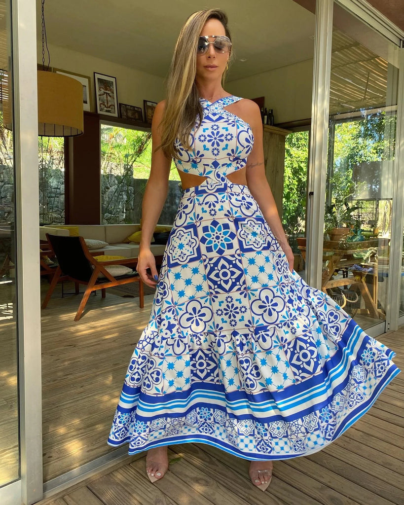 New Bohemian Sexy Printed Women Dresses Halter Sleeveless Backless Naked Waist Long Dress Fashion Summer Beach Holiday Robe