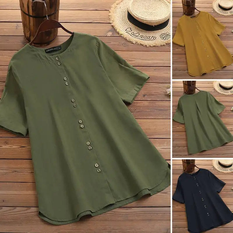 ZANZEA Summer Casual Loose Tunic Tops Women Vintage OL Shirt O Neck Short Sleeve Blouse Solid Cotton Blusas Buttons Down Chemise