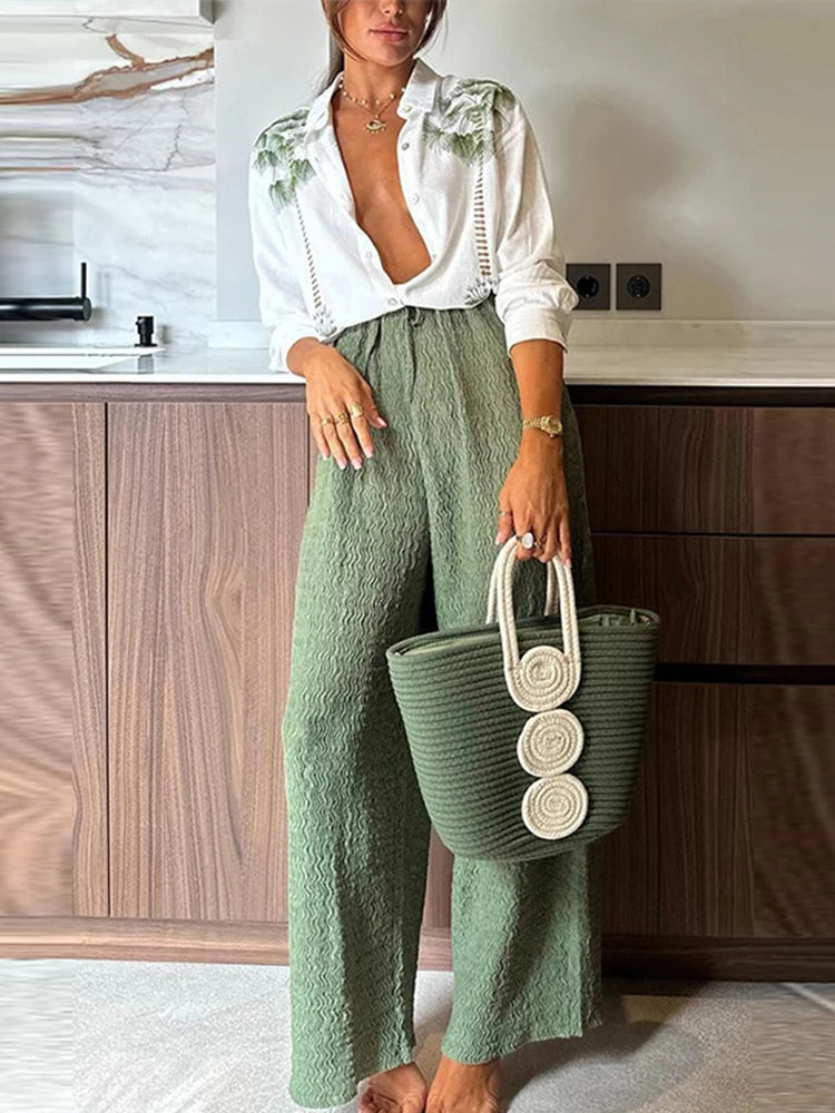 Casual Green Print Shirts Set Women Loose Single Breasted Blouses Pleated Drawstring Wide Leg Pants 2024 Summer Lady Outfit