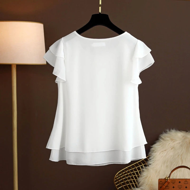 M-6XL Fashion Brand Summer Oversized Loose and Thin Casual Blouse Top Short Sleeve Chiffon Top White Blouse Green Women’s Tops