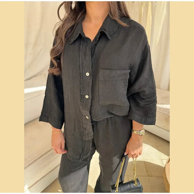 Women Vintage Solid Loose Pants Suit Lapel Single Breasted Long Sleeve Shirt Wide Leg Pants 2 Pcs Set 2024 New Ladies Streetwear