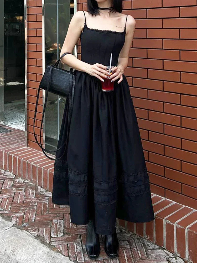 Black Lace Pleated Dress Trim A-Line Spaghetti Strap Backless Vintage Punk Long Dress Women Night Prom Korean Gothic Sundress