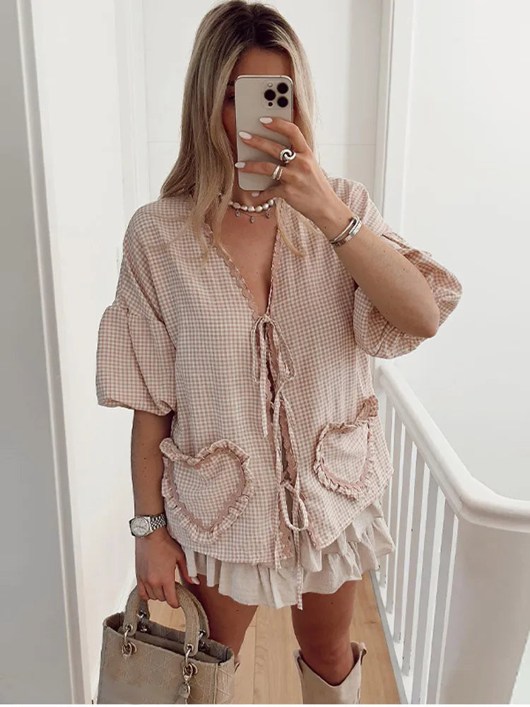 Elegant Plaid Bow Lace Print Women Shirt Fashion Casual Long Lantern Sleeve V Neck Tops 2024 Spring Summer Female Love Outwear