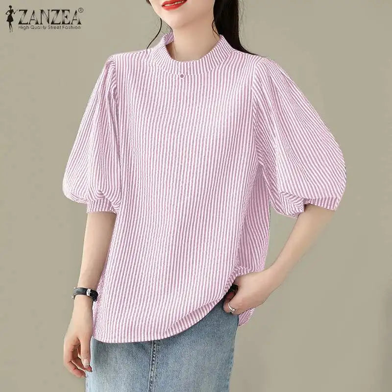 ZANZEA Women Summer Elegant Striped Shirt Fashion 3/4 Lantern Sleeve Blouse Office Work Tops Casual Female Loose Party Blusas