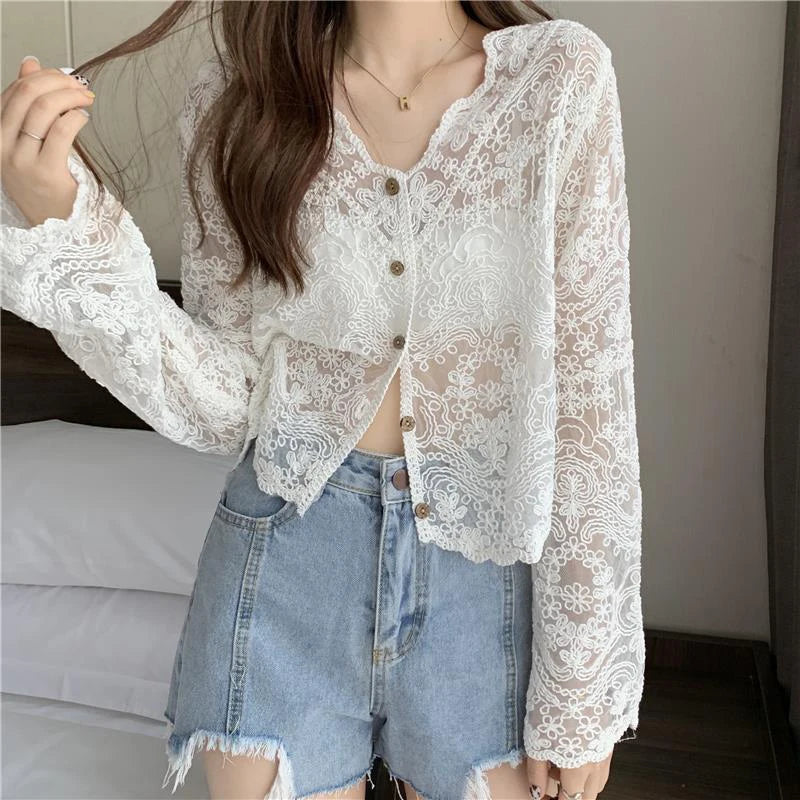 MEXZT Vintage Lace Blouse Women Sheer Long Sleeve Sunscreen Shirt Cardigan Vacation Korean Elegant Casual Sun Protection Top