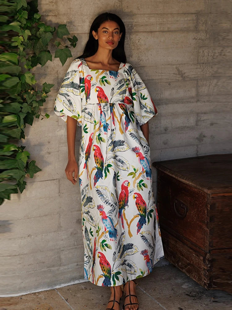 Vintage Print Patchwork Long Dresses Women Fashion Lantern Shorts Sleeves Loose Maxi Dress 2024 Lady Casual Vacation Streetwear