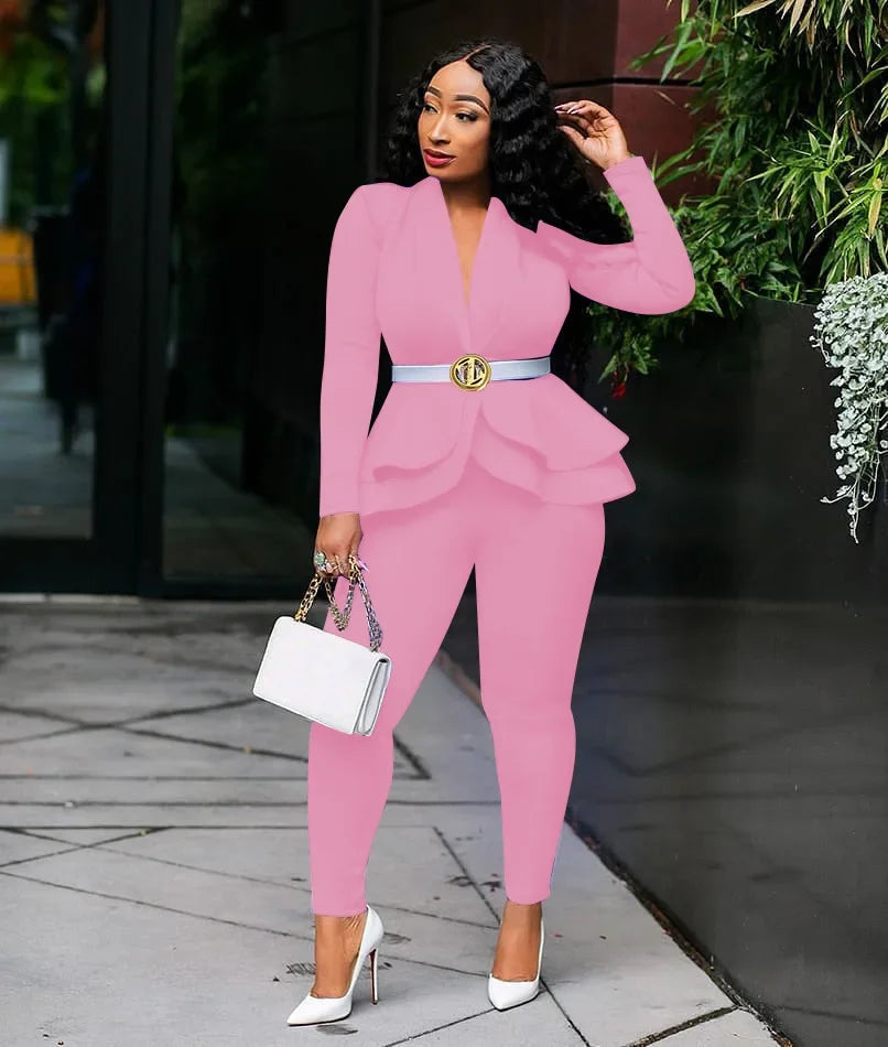 Women Fashion Women's Set Tracksuit Full Sleeve Ruffles Blazers Pants Suit Two Piece Set Office Lady Business Wear Uniform