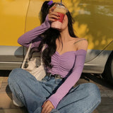 Autumn Sexy Off Shoulder T Shirt Women Fashion Casual Solid Color Tshirt   Trendy Slim Crop Tops New Long Sleeve Tops