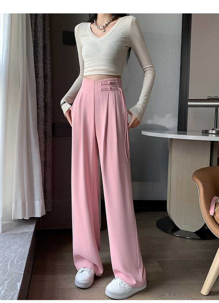 High Waist Buttons Suit Wide Leg Women's Full Pants 2024 New Spring Summer Female Elegant Minimalism Straight Loose Trousers