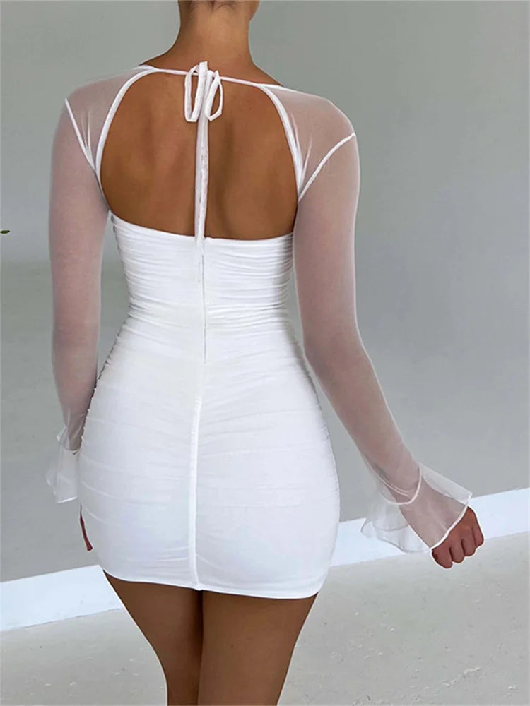 Fantoye Sexy Halter Lace-up Ruched Backless Mini Dress Women Square Collar See Through Mesh Petal Long Sleeve Slim Party Bodycon