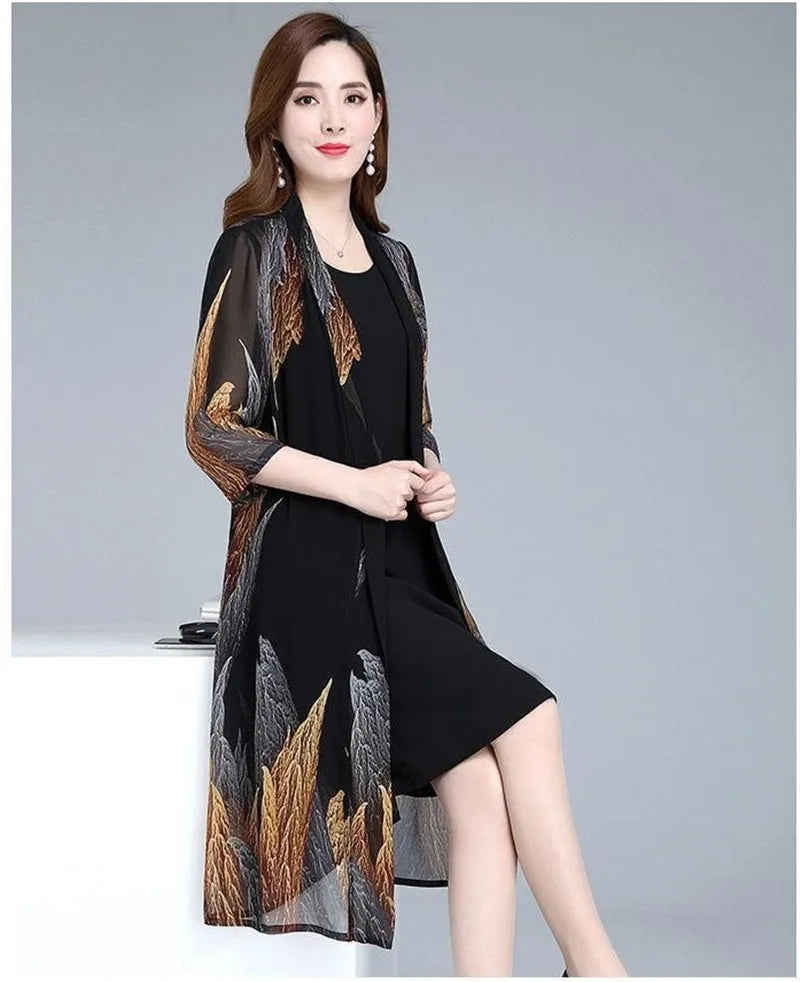 Women Chiffon Dress Set  Summer 2 Piece Set Fashion Sunscreen Cardigan Jacket Mother Elegant Lace Dress Suit Noble Femme 4XL