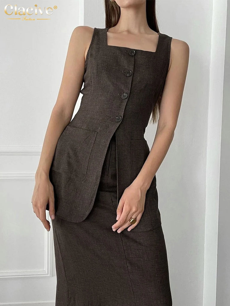 Clacive Summer Slim Brown Cotton 2 Piece Sets Women Outfit 2024 Elegant Sleeveless Tank Top With High Waist Long Skirts Set