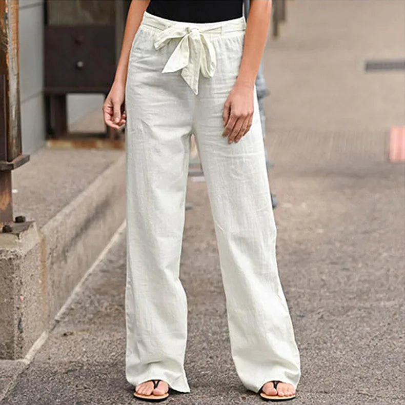 2023 Autumn Women's Summer Elastic Waist Pure Cotton Hemp Strap Loose Pants