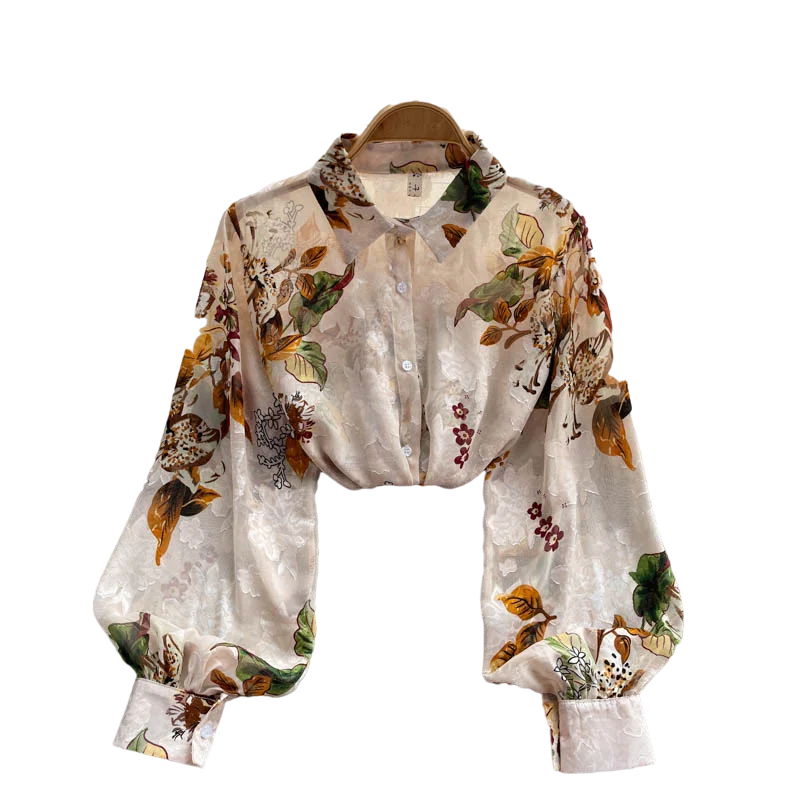 Spring Autumn Temperament Fashion Retro Chiffon Floral Blouses Print Loose Lapel Puff Sleeve Top Button Up Shirt Female GD611