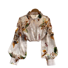 Load image into Gallery viewer, Spring Autumn Temperament Fashion Retro Chiffon Floral Blouses Print Loose Lapel Puff Sleeve Top Button Up Shirt Female GD611